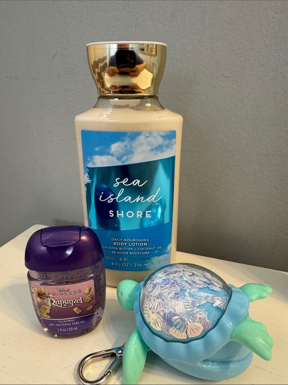 Bath & Body Works Sea Island Shore Body Lotion, Rapunzel hand sanitizer & holder